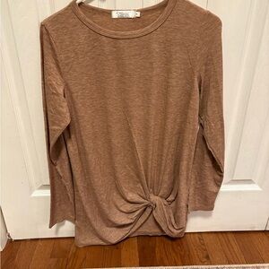 Casual Tan Long Sleeve Knot Top